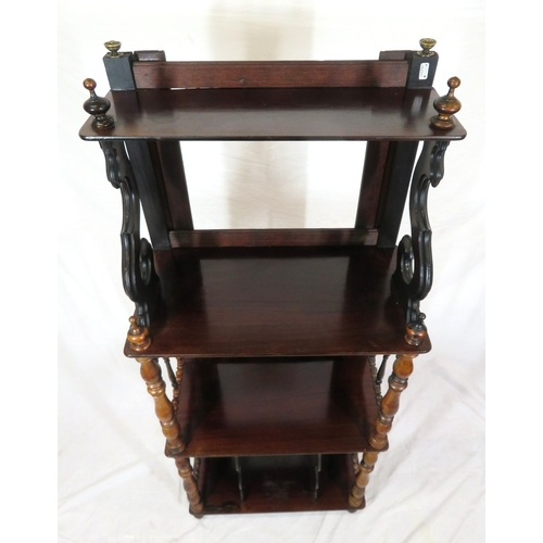 320 - Victorian mahogany 4 tier whatnot with turned & shaped columns, on bun feet