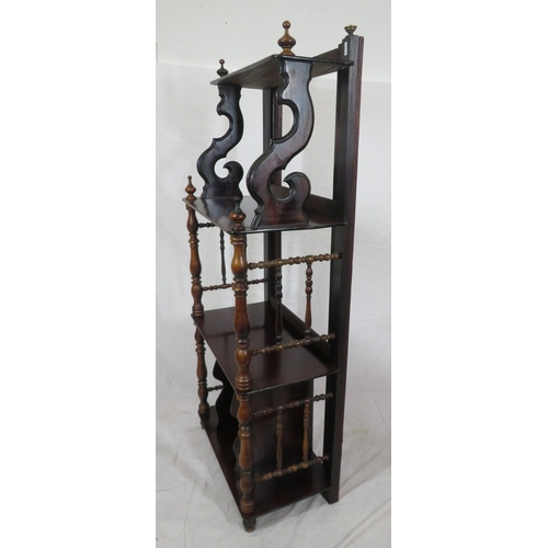 320 - Victorian mahogany 4 tier whatnot with turned & shaped columns, on bun feet