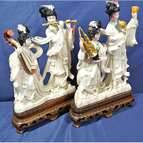 328 - Pair of Oriental figured groups of musical Geishas, holding musical instruments, on inlaid timber ba... 