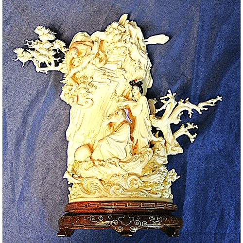 329 - Ornate intricately designed Oriental Geisha with figures & monkey depicting one of the eight immorta... 