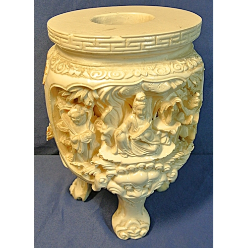 332 - Oriental tripod incense burner decorated with figures of wise men & dragons, on 3 feet