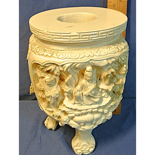 332 - Oriental tripod incense burner decorated with figures of wise men & dragons, on 3 feet