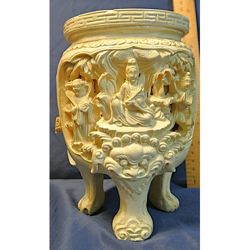 332 - Oriental tripod incense burner decorated with figures of wise men & dragons, on 3 feet