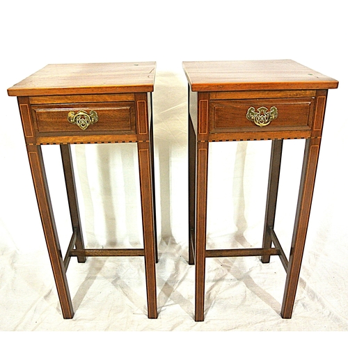 340 - Pair of Edwardian inlaid mahogany side tables with frieze drawers, brass drop handles with pierced b... 
