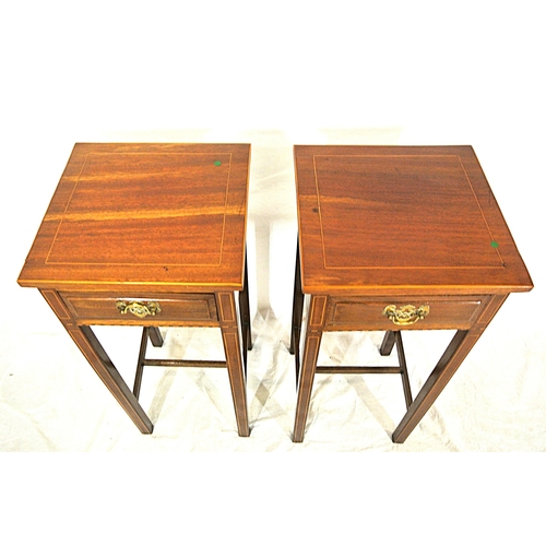 340 - Pair of Edwardian inlaid mahogany side tables with frieze drawers, brass drop handles with pierced b... 