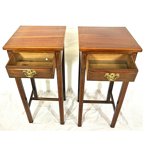 340 - Pair of Edwardian inlaid mahogany side tables with frieze drawers, brass drop handles with pierced b... 