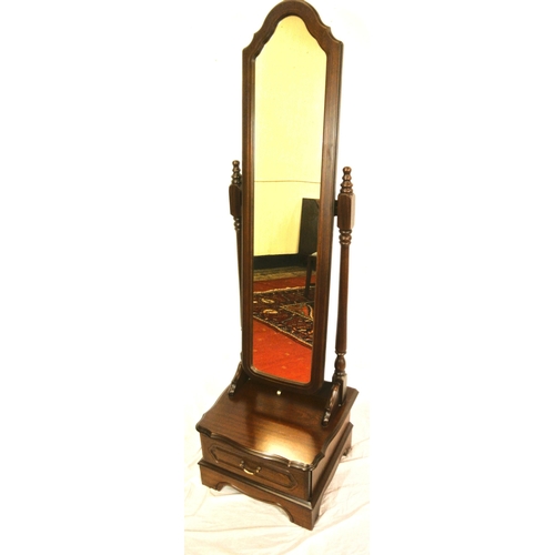351 - Teak framed cheval mirror with domed top, turned columns, base with drawer, on bracket feet