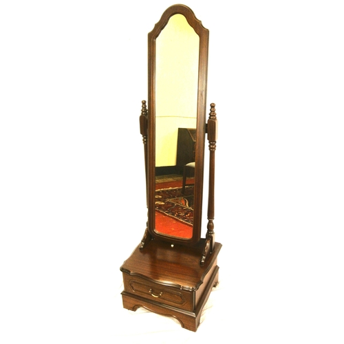351 - Teak framed cheval mirror with domed top, turned columns, base with drawer, on bracket feet