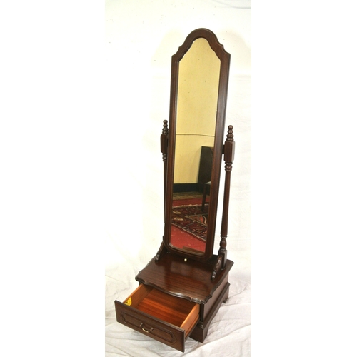 351 - Teak framed cheval mirror with domed top, turned columns, base with drawer, on bracket feet