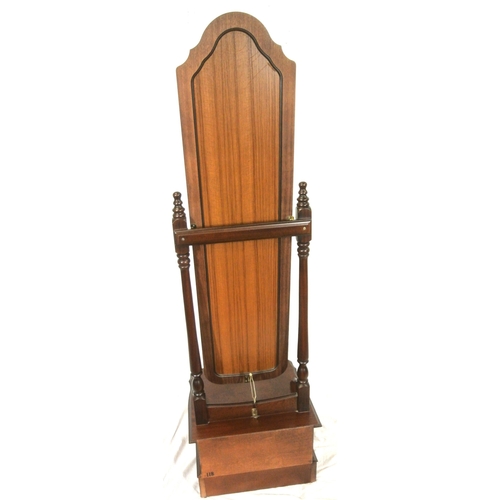 351 - Teak framed cheval mirror with domed top, turned columns, base with drawer, on bracket feet