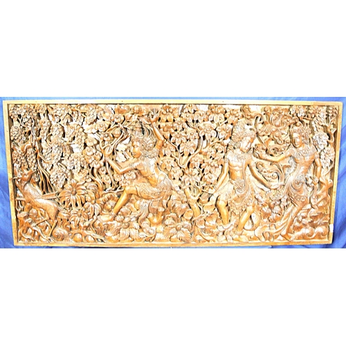 352 - Ornate Oriental carved teak panel with foliate figures & animal decoration