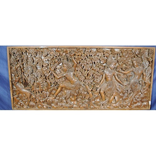 352 - Ornate Oriental carved teak panel with foliate figures & animal decoration