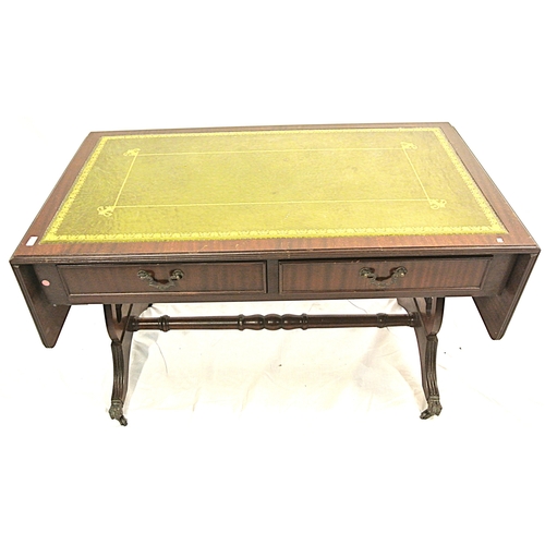 439 - Edwardian design mahogany low sofa or coffee table with drop leaves, reeded borders, 2 frieze drawer... 