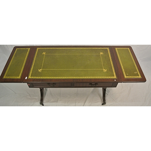 439 - Edwardian design mahogany low sofa or coffee table with drop leaves, reeded borders, 2 frieze drawer... 