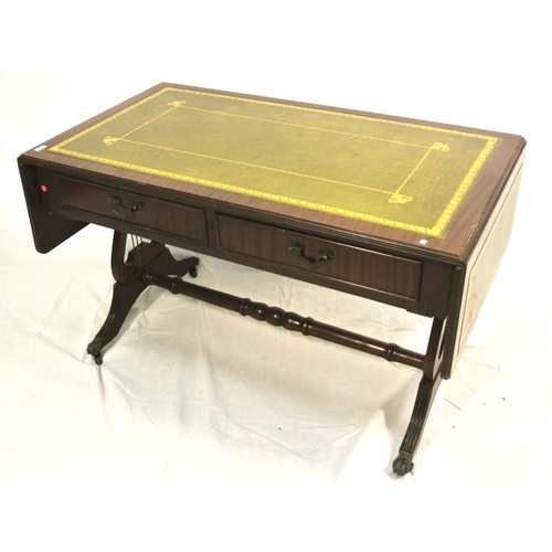 439 - Edwardian design mahogany low sofa or coffee table with drop leaves, reeded borders, 2 frieze drawer... 