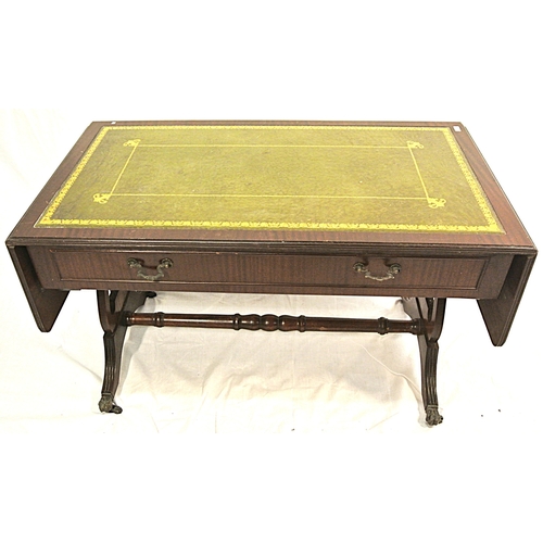 439 - Edwardian design mahogany low sofa or coffee table with drop leaves, reeded borders, 2 frieze drawer... 