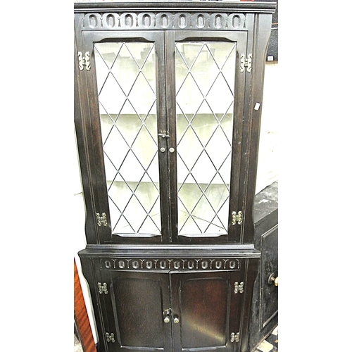 444 - Edwardian oak corner display cabinet with leaded glazed doors, shelved interior, on bracket feet
