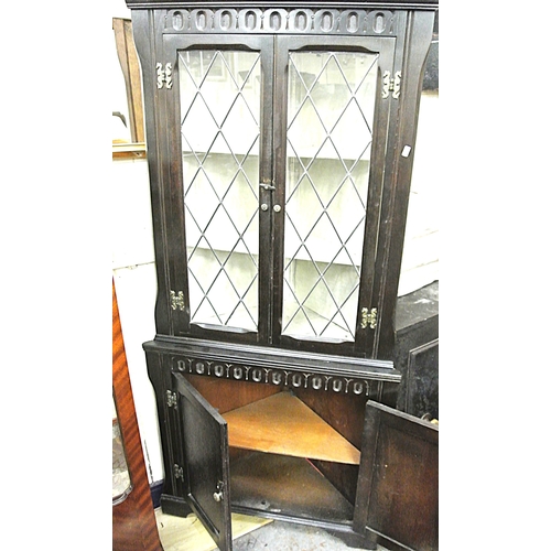 444 - Edwardian oak corner display cabinet with leaded glazed doors, shelved interior, on bracket feet