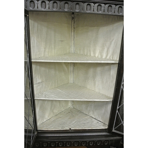 444 - Edwardian oak corner display cabinet with leaded glazed doors, shelved interior, on bracket feet