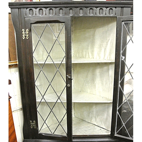 444 - Edwardian oak corner display cabinet with leaded glazed doors, shelved interior, on bracket feet