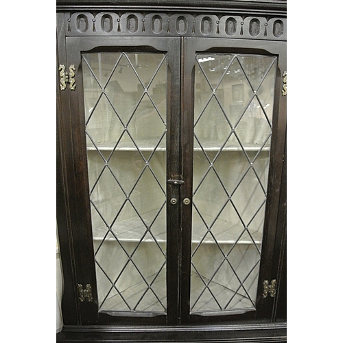444 - Edwardian oak corner display cabinet with leaded glazed doors, shelved interior, on bracket feet