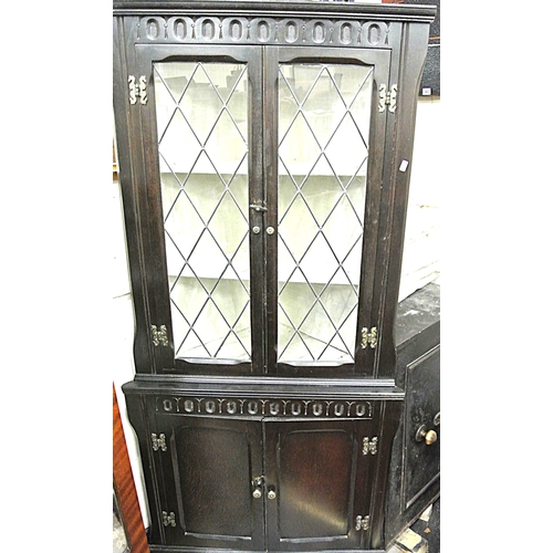 444 - Edwardian oak corner display cabinet with leaded glazed doors, shelved interior, on bracket feet