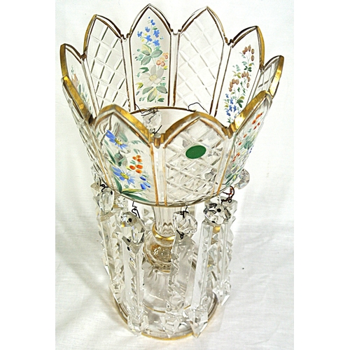 453 - Edwardian style cut glass flower vase with panelled sides, foliate decoration & cut glass lustre dro... 