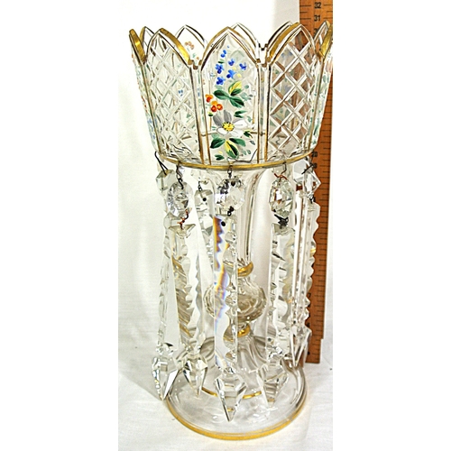 453 - Edwardian style cut glass flower vase with panelled sides, foliate decoration & cut glass lustre dro... 