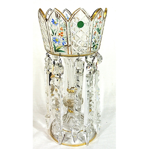 453 - Edwardian style cut glass flower vase with panelled sides, foliate decoration & cut glass lustre dro... 