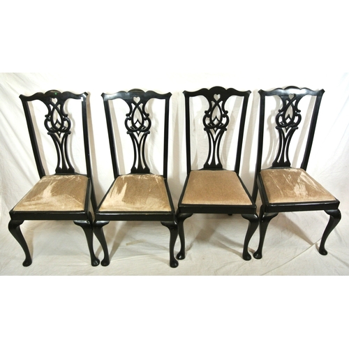 454 - Set of 4 Chippendale design dining chairs with pierced splats, upholstered drop-in seats, on cabriol... 
