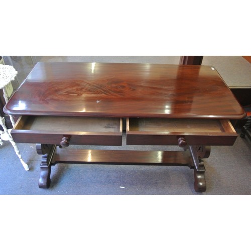 455 - Victorian style mahogany hall or side table with 2 frieze drawers, bun handles, shaped columns, oblo... 