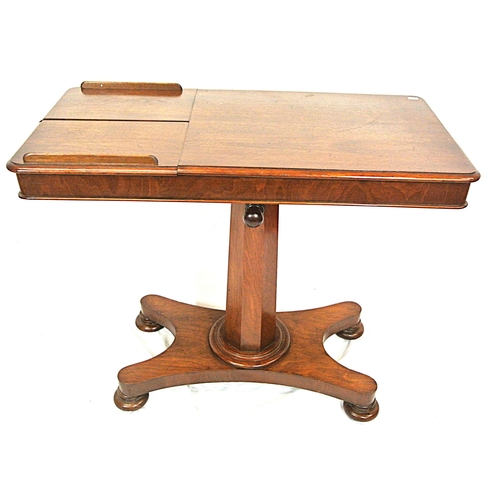 460 - William IV mahogany long occasional table or lectern with adjustable top, fold-up book stands, on he... 