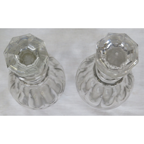 464 - Pair of Victorian style heavy cut glass 3 ring decanters, with diamond decoration & stoppers (possib... 