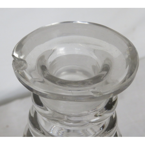 464 - Pair of Victorian style heavy cut glass 3 ring decanters, with diamond decoration & stoppers (possib... 