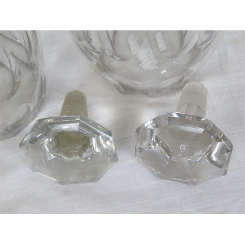 464 - Pair of Victorian style heavy cut glass 3 ring decanters, with diamond decoration & stoppers (possib... 