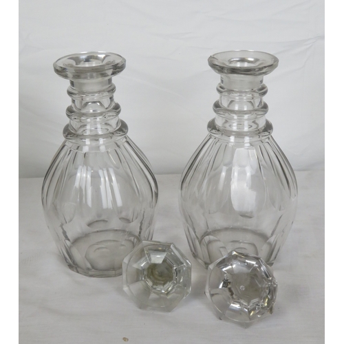 464 - Pair of Victorian style heavy cut glass 3 ring decanters, with diamond decoration & stoppers (possib... 