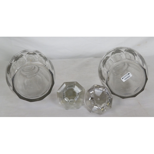 464 - Pair of Victorian style heavy cut glass 3 ring decanters, with diamond decoration & stoppers (possib... 