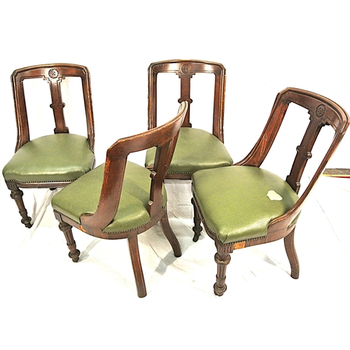 472 - Set of 4 Victorian oak dining chairs with shaped backs & rails, bow fronted leather seats, on reeded... 