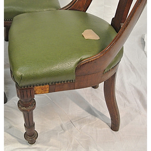 472 - Set of 4 Victorian oak dining chairs with shaped backs & rails, bow fronted leather seats, on reeded... 
