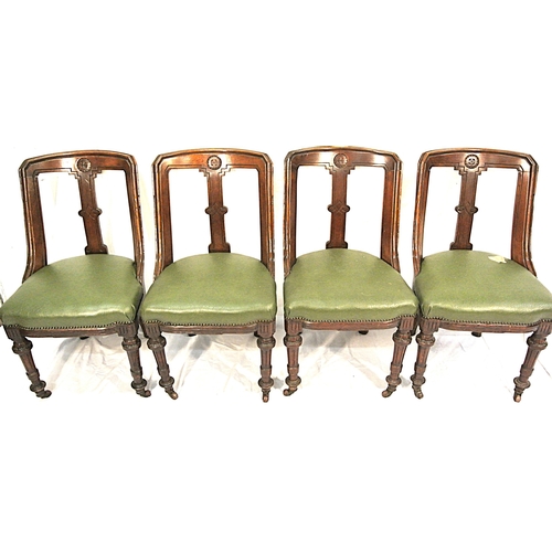 472 - Set of 4 Victorian oak dining chairs with shaped backs & rails, bow fronted leather seats, on reeded... 