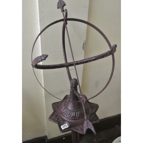 473 - Ornate cast iron armillary sphere sundial on hexagonal column with round base