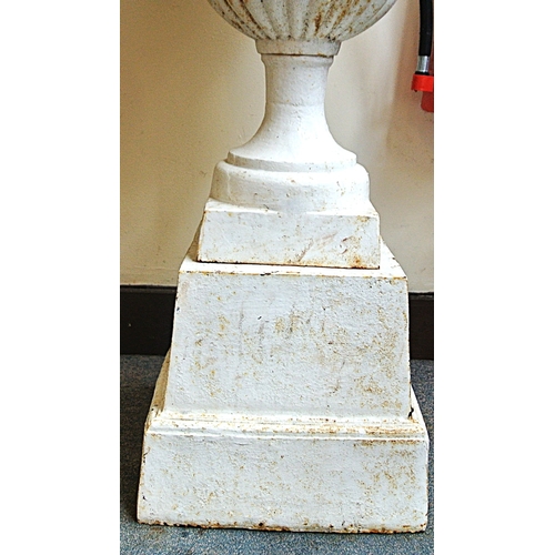 475 - Pair of Victorian design cast iron campana shaped garden vases with egg and dart rims, ribbed socles... 