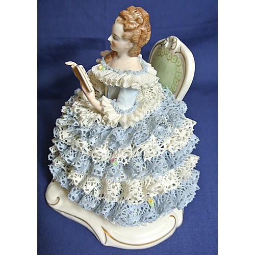 478 - Irish Dresden figurine 'Amelia' on gilt decorated base H 13 x 15 x12 cm