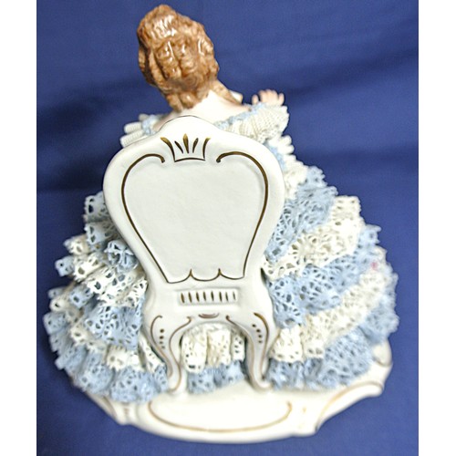 478 - Irish Dresden figurine 'Amelia' on gilt decorated base H 13 x 15 x12 cm
