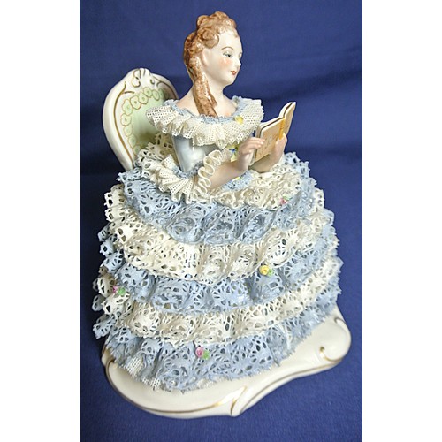 478 - Irish Dresden figurine 'Amelia' on gilt decorated base H 13 x 15 x12 cm