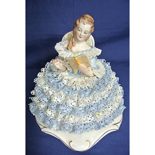 478 - Irish Dresden figurine 'Amelia' on gilt decorated base H 13 x 15 x12 cm