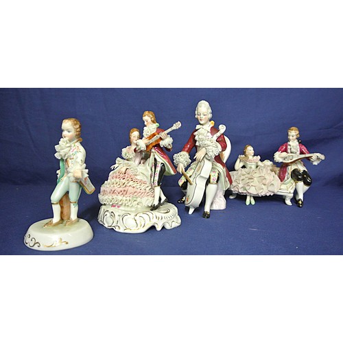 479 - 4 Irish Dresden figures of Musicians, on decorated bases