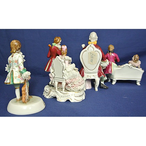 479 - 4 Irish Dresden figures of Musicians, on decorated bases