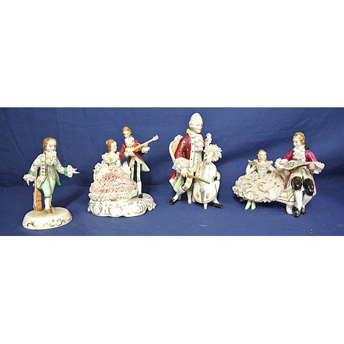 479 - 4 Irish Dresden figures of Musicians, on decorated bases