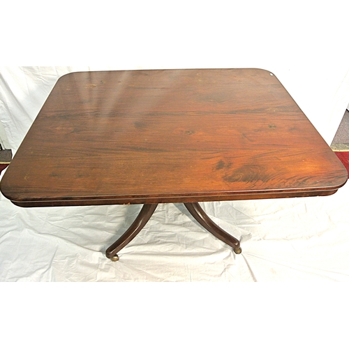 480 - Victorian mahogany square dining or library table with tip-up top, turned column, on hipped quadrapo... 